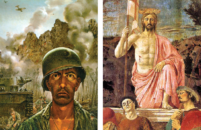 Comparing the two facial expressions of the two images above shows how much Tom Lea was inspired by Piero della Francesca. left: Tom Lea "That 2,000 Yard Stare," 1944, oil on canvas, 36” X 28”, Life Collection of Art, WWII. U.S. Army Center of Military History, Fort Belvoir, Virginia Right: Piero della Francesca, "Resurrection" (detail), Sansepolcro, Tuscany.
