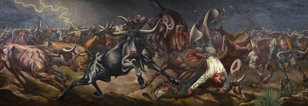  " Stampede", Tom Lea, 1940, oil on canvas mural, 5 1⁄2 x 16 feet, Main Post Office, Odessa, Texas