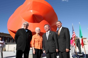 Sculptor Sebastián (far left) poses in front of his newest work, which was installed in front of the Fox Fine Arts Building on Sept. 10. Joining him are (from left to right) UTEP President Diana Natalicio, Ambassador of Mexico to the United States Eduardo Medina Mora and Jacob Prado, consul general of Mexico in El Paso.